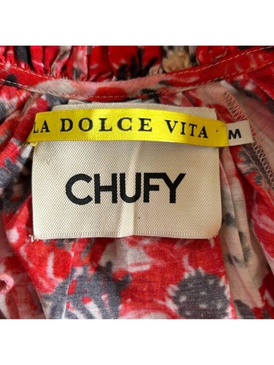 Chufy La Dolce Vita Silk Blend Red Floral Balloon Sleeve Blouse M Designer - Picture 2 of 10